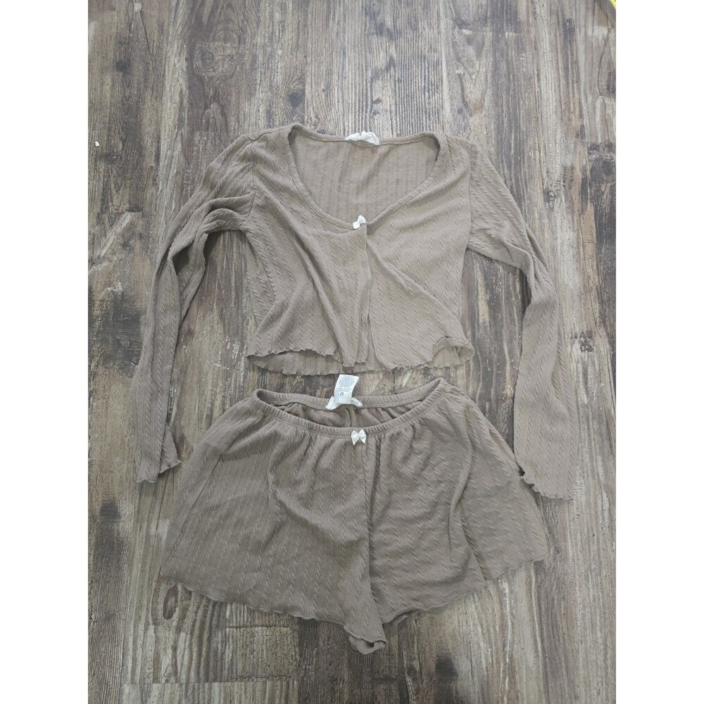 Pink Rose Cable Knit Lounge Set Women’s Small Beige Crop Cardigan & Shorts
